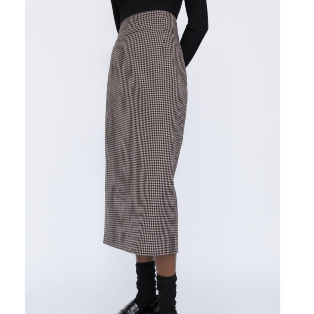 ZARA GINGHAM PLAID STRETCH EXPOSED ZIPPER PENCIL MIDI MAXI SKIRT_8